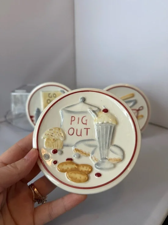 3 Pc MWW Market 4.5" Mini Plate Set Grill/ Pig/Go Out/Take Out -Farmhouse Picnic - Picture 12 of 16